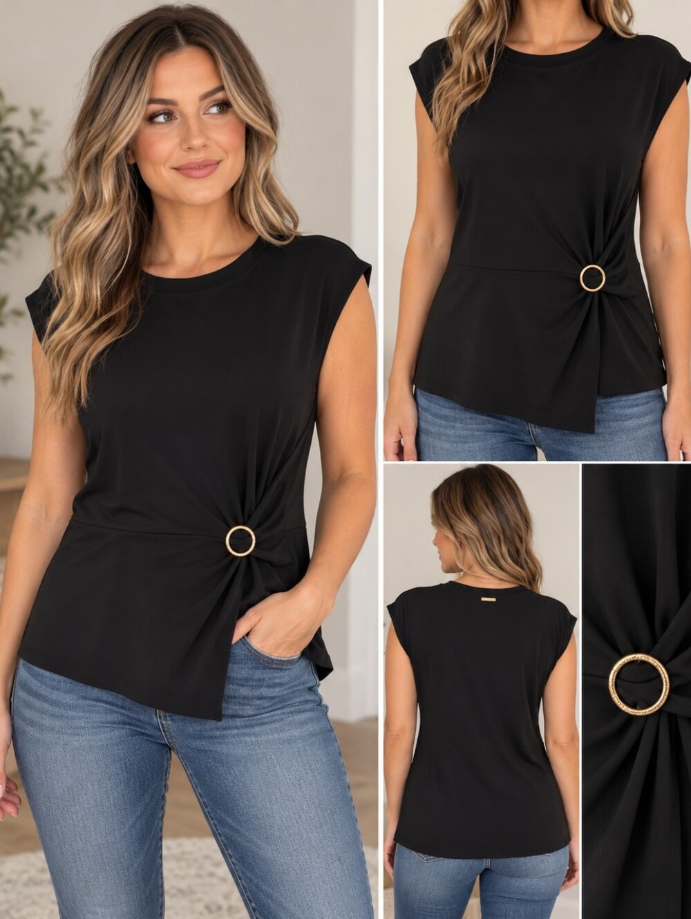 Michael Michael Kors Black Gold Ring Ruched Side Top Blouse Size Large